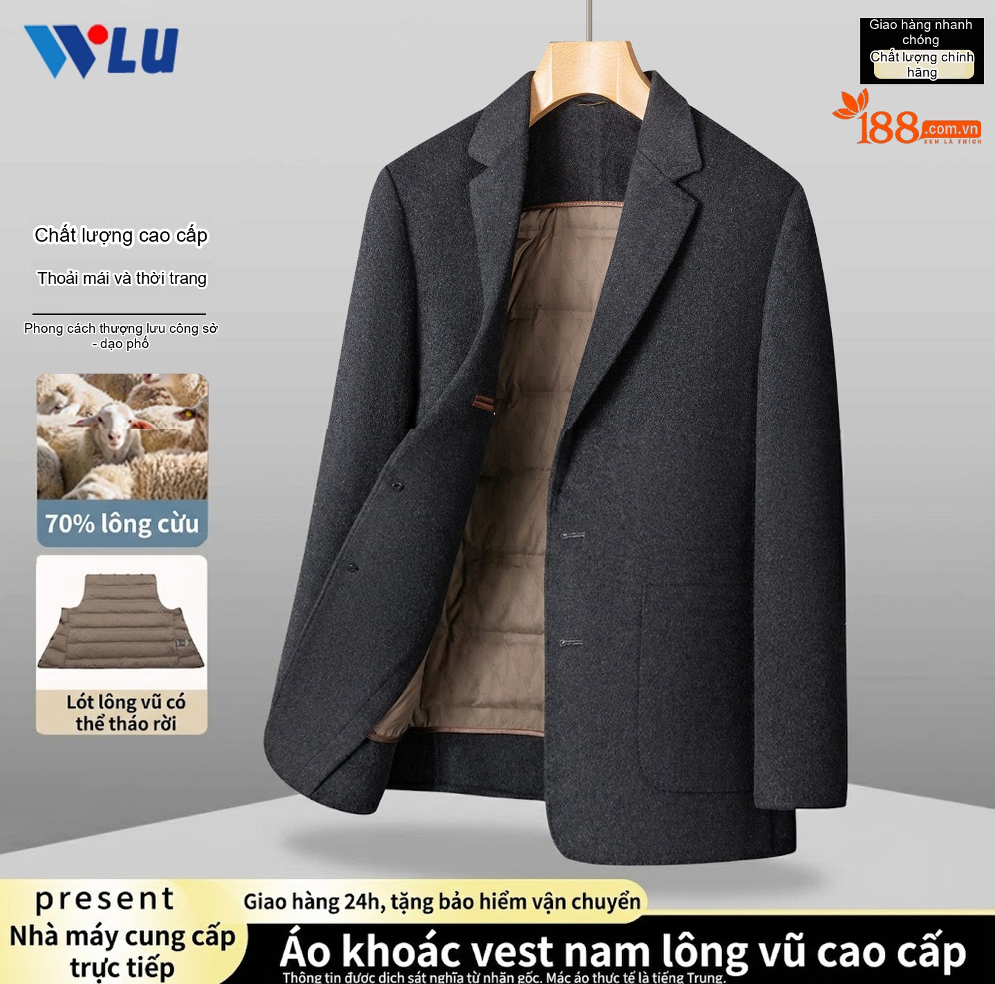 Áo Khoác Blazer Nam Lông Vũ Lót Lông Cừu Dày Dặn Phong Cách Doanh Nhân Màu Xám