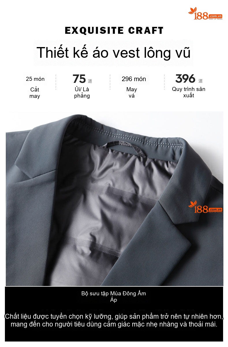 Áo Khoác Blazer Nam Lót Lông Vũ 90% Lông Vịt Trắng Dáng Vest Ấm Áp Màu Đen, Xám chi tiết 3