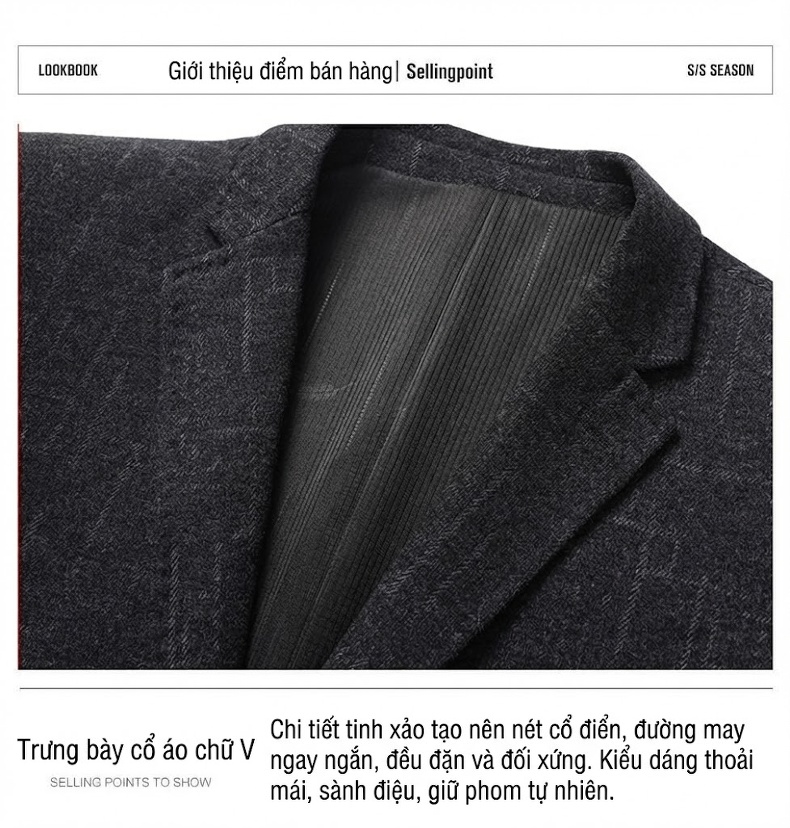 Áo Khoác Blazer Nam Mao Lông Co Giãn Chống Nhăn Họa Tiết Kẻ Sọc Túi Hộp Màu Xám Đậm chi tiết 3