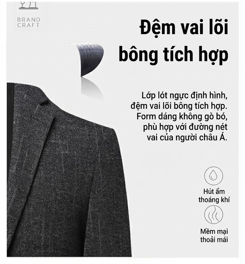 Áo Khoác Blazer Nam Mao Lông Co Giãn Chống Nhăn Họa Tiết Kẻ Sọc Túi Hộp Màu Xám Đậm chi tiết 6