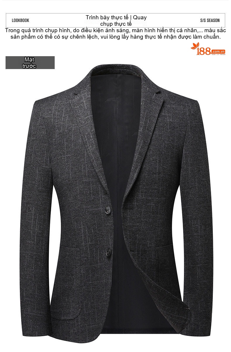 Áo Khoác Blazer Nam Mao Lông Co Giãn Chống Nhăn Họa Tiết Kẻ Sọc Túi Hộp Màu Xám Đậm chi tiết 9