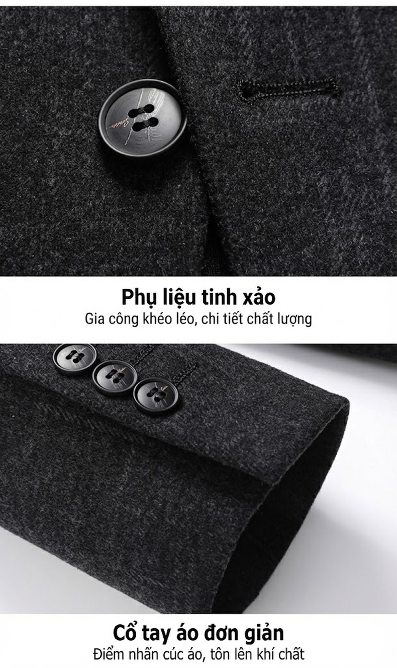 Áo Khoác Blazer Nam Mao Lông Co Giãn Chống Nhăn Họa Tiết Kẻ Sọc Túi Hộp Màu Xám Đậm chi tiết 12