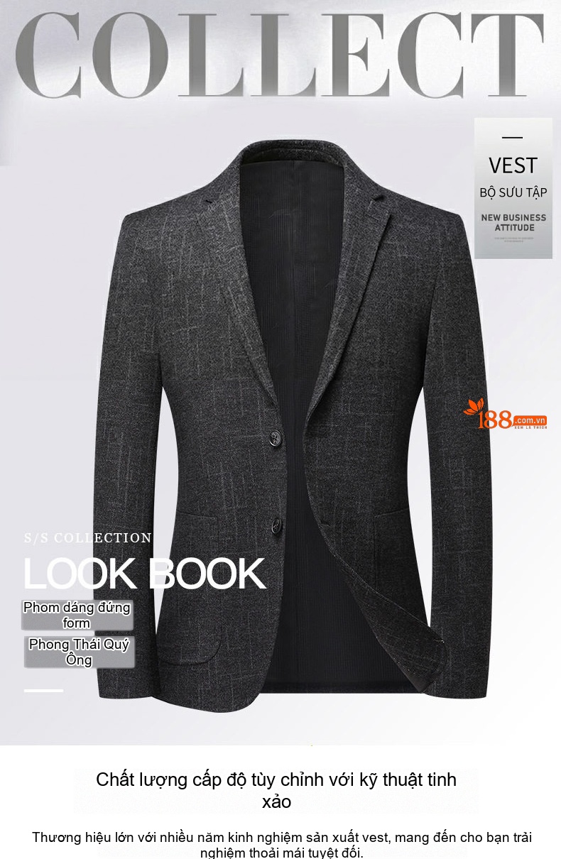 Áo Khoác Blazer Nam Mao Lông Co Giãn Chống Nhăn Họa Tiết Kẻ Sọc Túi Hộp Màu Xám Đậm chi tiết 1