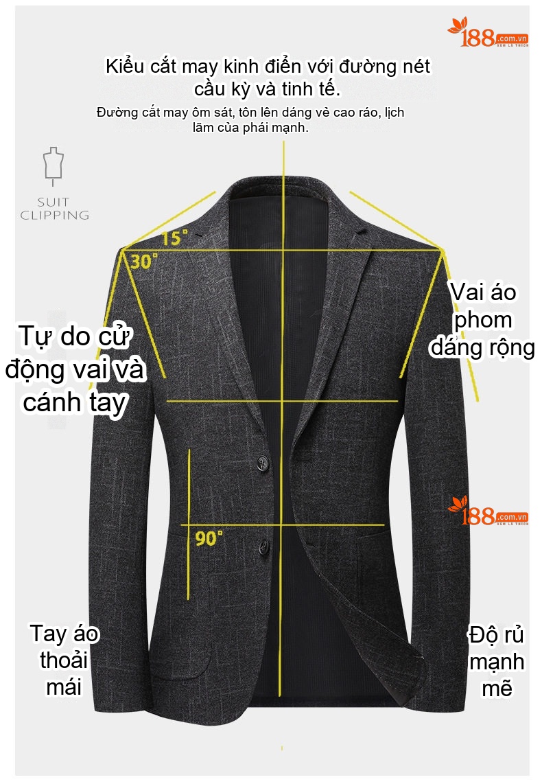 Áo Khoác Blazer Nam Mao Lông Co Giãn Chống Nhăn Họa Tiết Kẻ Sọc Túi Hộp Màu Xám Đậm chi tiết 5