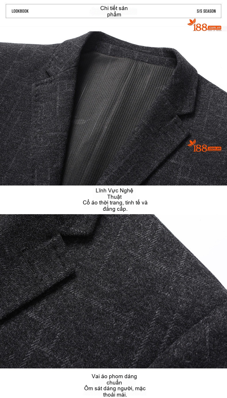 Áo Khoác Blazer Nam Mao Lông Co Giãn Chống Nhăn Họa Tiết Kẻ Sọc Túi Hộp Màu Xám Đậm chi tiết 11