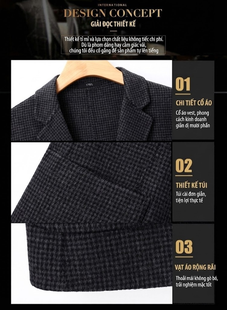 Áo Khoác Blazer Nam Vải Tuýt Họa Tiết Houndstooth Phong Cách Doanh Nhân Màu Xám, Đen chi tiết 6