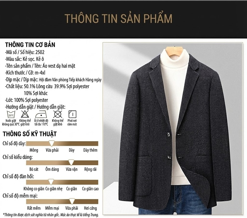 Áo Khoác Blazer Nam Vải Tuýt Họa Tiết Houndstooth Phong Cách Doanh Nhân Màu Xám, Đen chi tiết 7