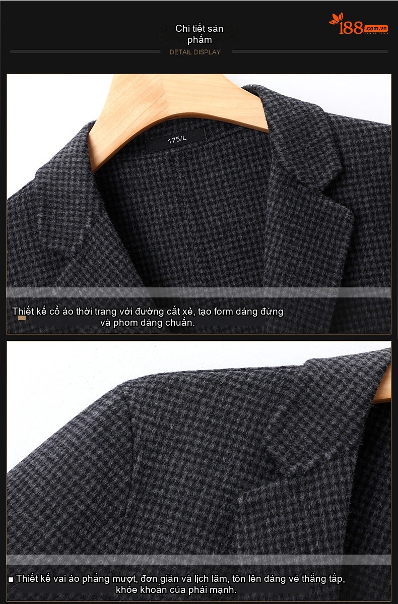 Áo Khoác Blazer Nam Vải Tuýt Họa Tiết Houndstooth Phong Cách Doanh Nhân Màu Xám, Đen chi tiết 13