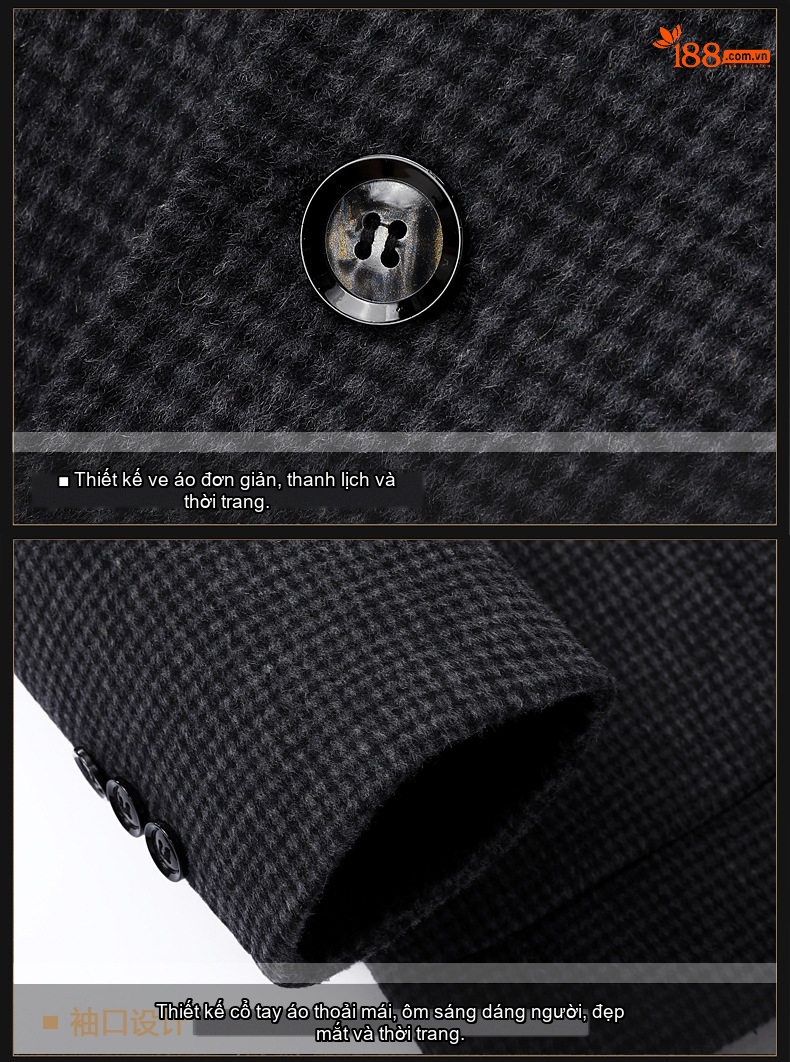 Áo Khoác Blazer Nam Vải Tuýt Họa Tiết Houndstooth Phong Cách Doanh Nhân Màu Xám, Đen chi tiết 14