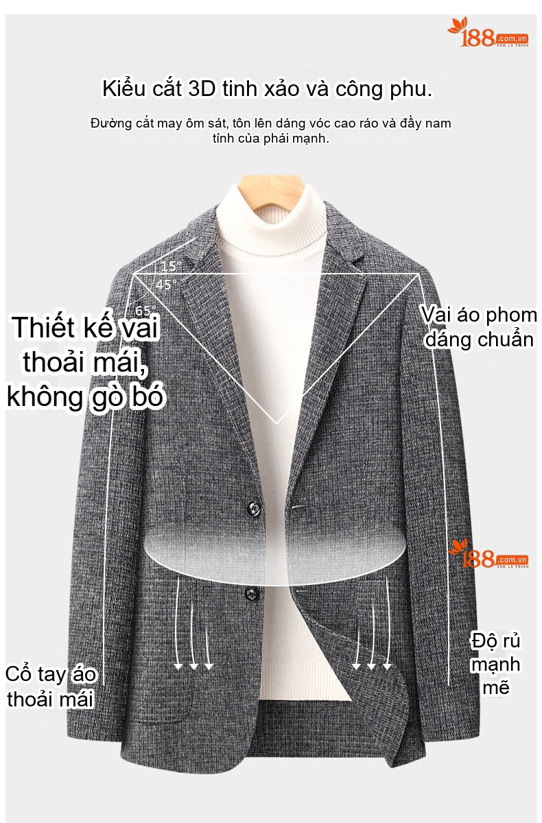 Áo Khoác Blazer Nam Vải Tuýt Họa Tiết Houndstooth Phong Cách Doanh Nhân Màu Xám, Đen chi tiết 5