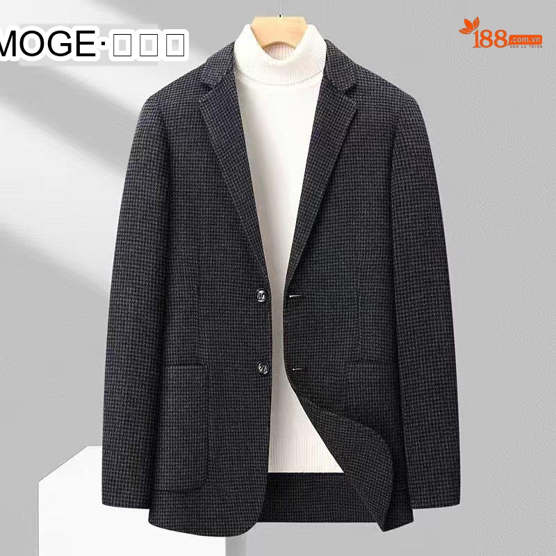 Áo Khoác Blazer Nam Vải Tuýt Họa Tiết Houndstooth Phong Cách Doanh Nhân Màu Xám, Đen