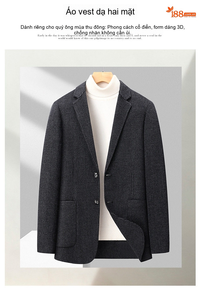 Áo Khoác Blazer Nam Vải Tuýt Họa Tiết Houndstooth Phong Cách Doanh Nhân Màu Xám, Đen chi tiết 1