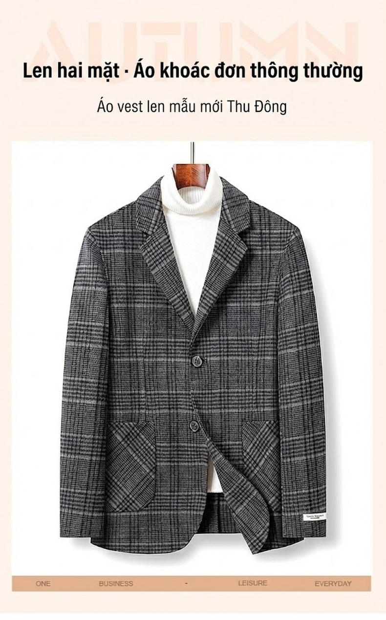 Áo Khoác Blazer Nam Vải Tuýt Kẻ Ô Hai Mặt Phong Cách Doanh Nhân Màu Xám chi tiết 1
