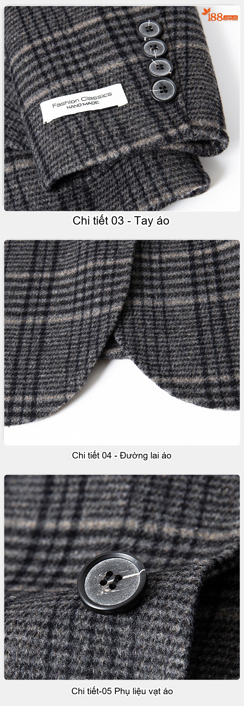 Áo Khoác Blazer Nam Vải Tuýt Kẻ Ô Hai Mặt Phong Cách Doanh Nhân Màu Xám chi tiết 16
