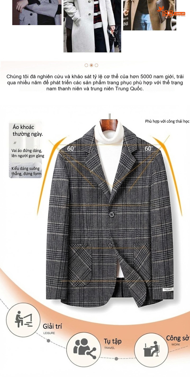 Áo Khoác Blazer Nam Vải Tuýt Kẻ Ô Hai Mặt Phong Cách Doanh Nhân Màu Xám chi tiết 3