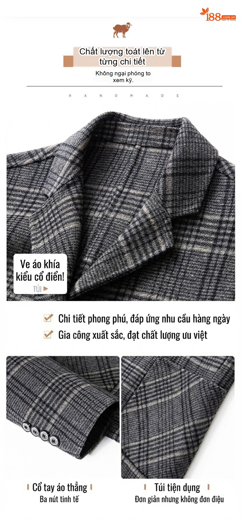 Áo Khoác Blazer Nam Vải Tuýt Kẻ Ô Hai Mặt Phong Cách Doanh Nhân Màu Xám chi tiết 8