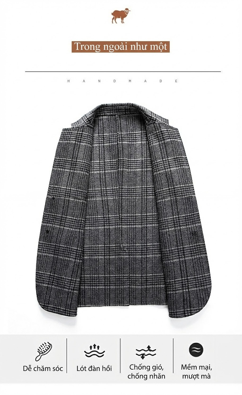 Áo Khoác Blazer Nam Vải Tuýt Kẻ Ô Hai Mặt Phong Cách Doanh Nhân Màu Xám chi tiết 9