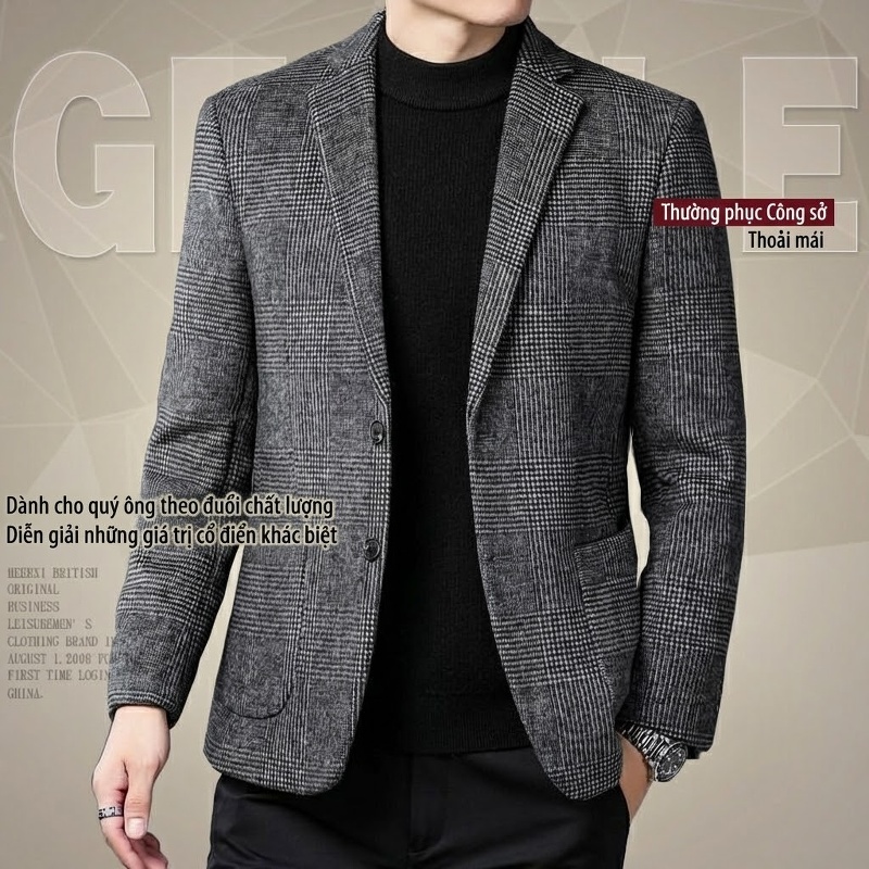 Áo Khoác Blazer Nam Wool Pha Dạ Kẻ Caro Phong Cách Công Sở Màu Xám, Nâu chi tiết 1