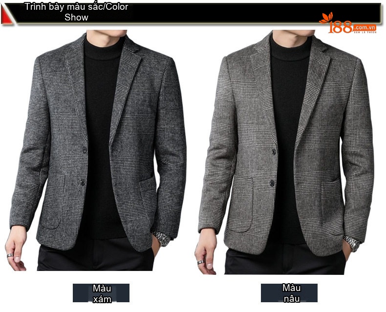 Áo Khoác Blazer Nam Wool Pha Dạ Kẻ Caro Phong Cách Công Sở Màu Xám, Nâu chi tiết 4