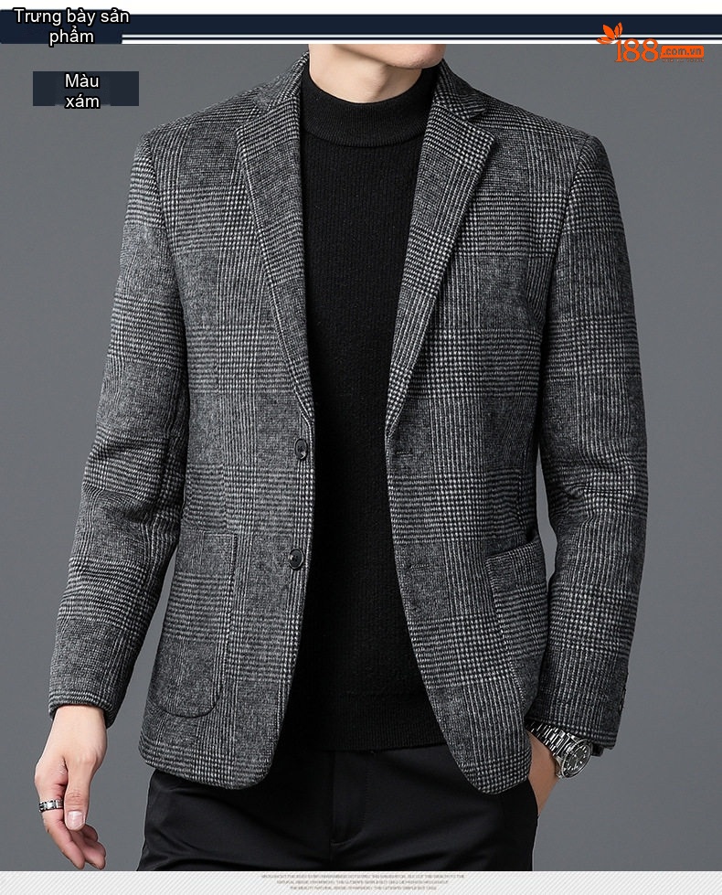 Áo Khoác Blazer Nam Wool Pha Dạ Kẻ Caro Phong Cách Công Sở Màu Xám, Nâu chi tiết 5
