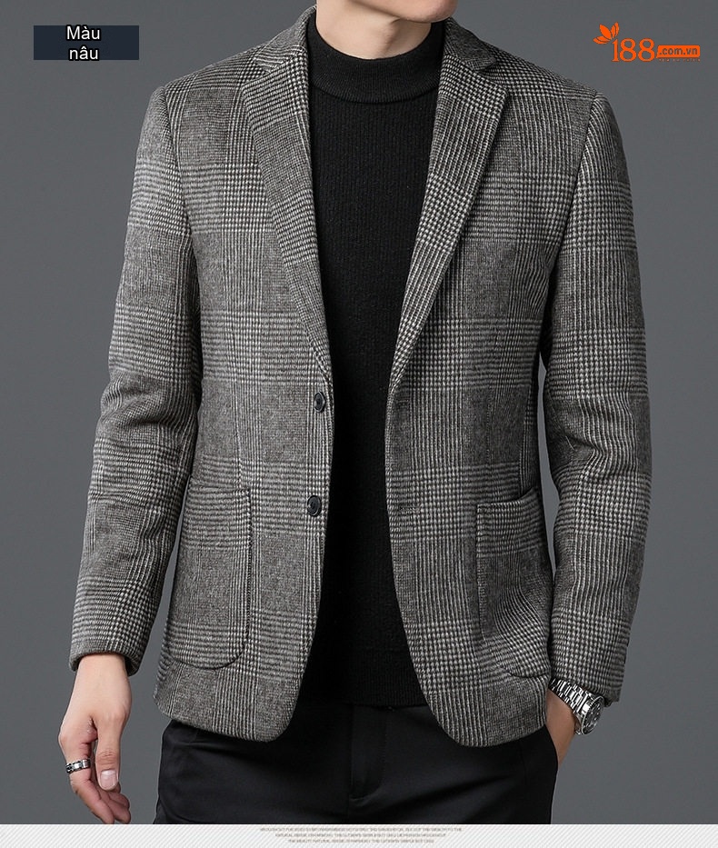 Áo Khoác Blazer Nam Wool Pha Dạ Kẻ Caro Phong Cách Công Sở Màu Xám, Nâu chi tiết 9