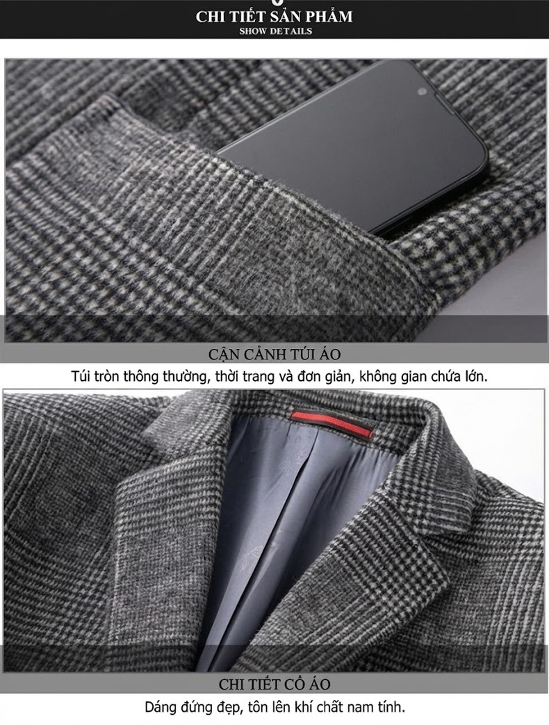 Áo Khoác Blazer Nam Wool Pha Dạ Kẻ Caro Phong Cách Công Sở Màu Xám, Nâu chi tiết 13