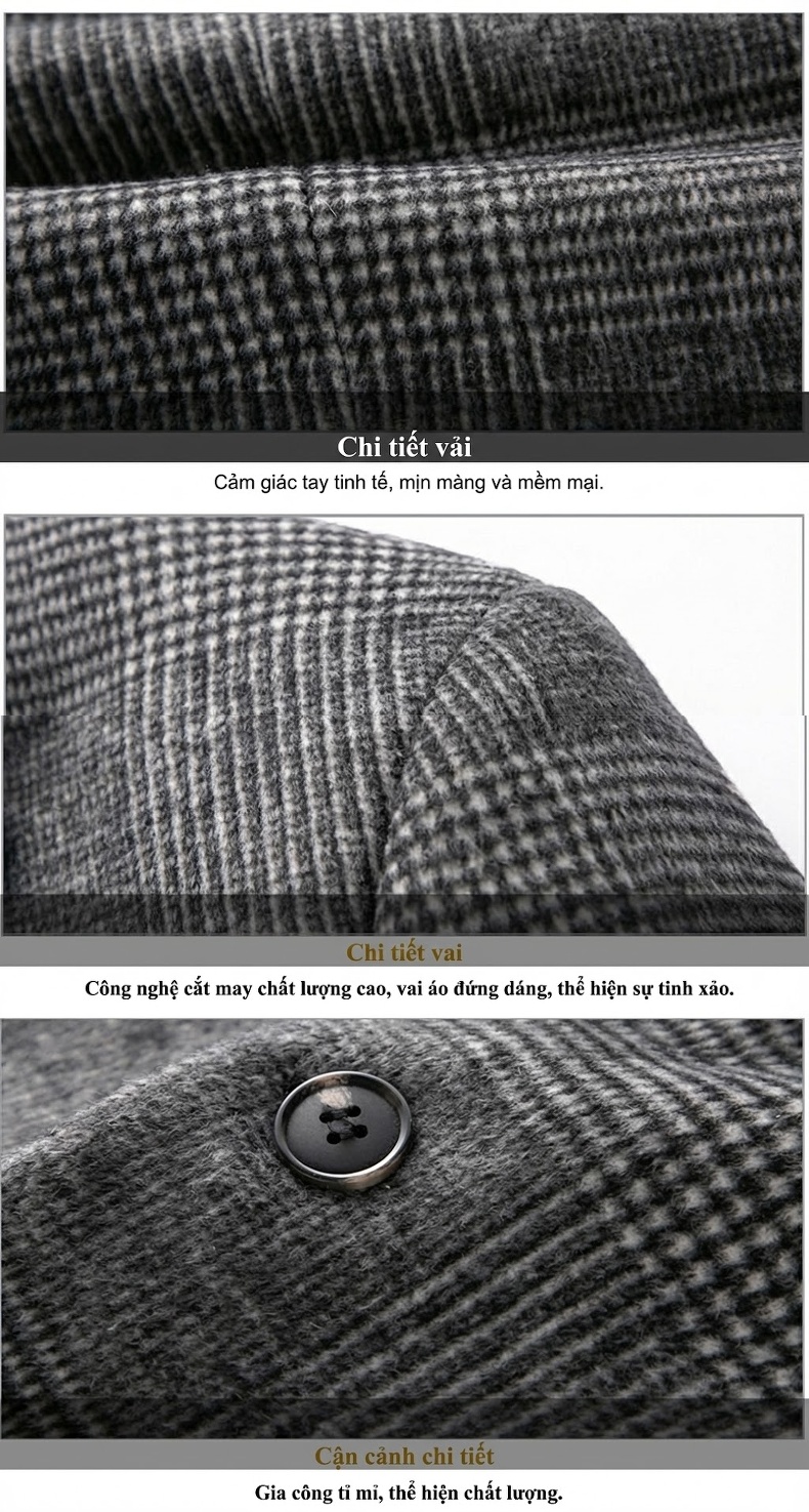 Áo Khoác Blazer Nam Wool Pha Dạ Kẻ Caro Phong Cách Công Sở Màu Xám, Nâu chi tiết 14