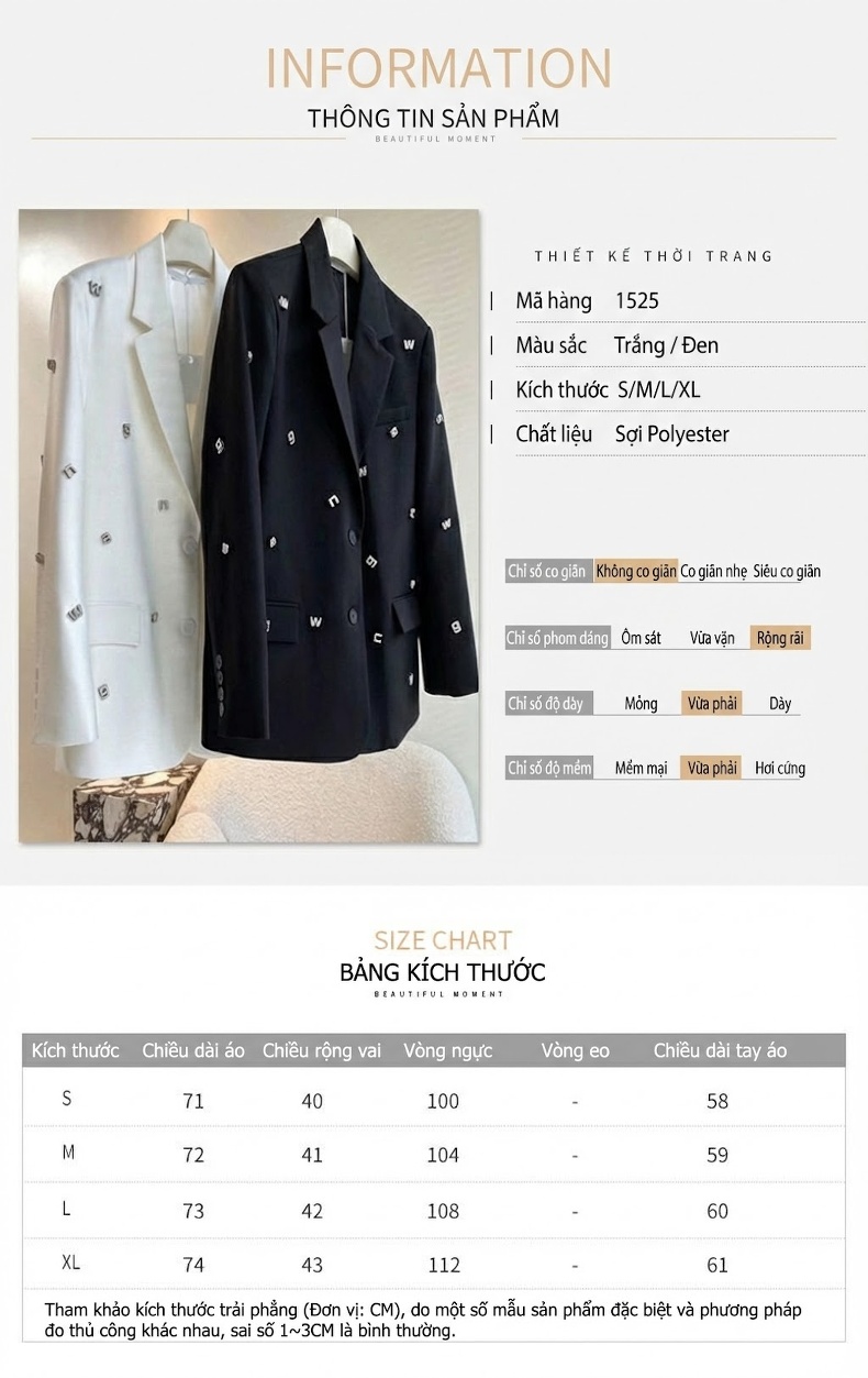 Áo Khoác Blazer Nữ Cổ chữ Ve Áo Đính Đá Chữ Cái Dáng Rộng Phong Cách Casual Màu Đen, Trắng chi tiết 1
