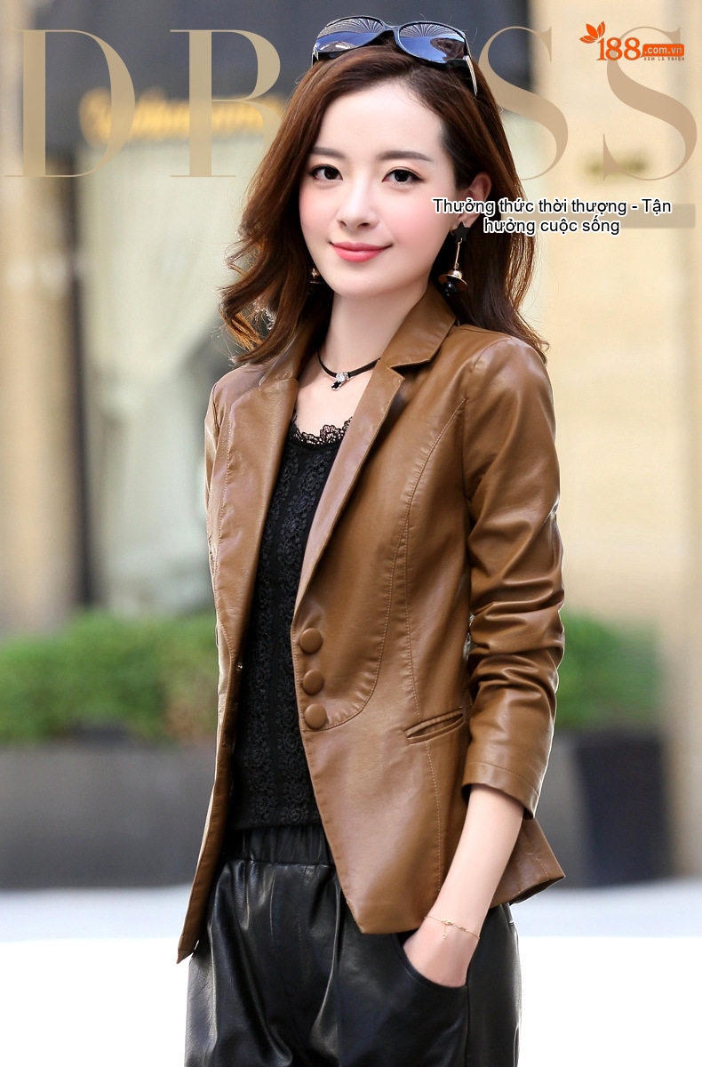 Áo Khoác Blazer Nữ Da Bóng Dáng Ngắn Phong Cách Hàn Quốc Màu Nâu, Đen chi tiết 1