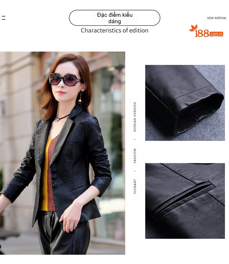Áo Khoác Blazer Nữ Da Bóng Dáng Ngắn Phong Cách Hàn Quốc Màu Nâu, Đen chi tiết 3