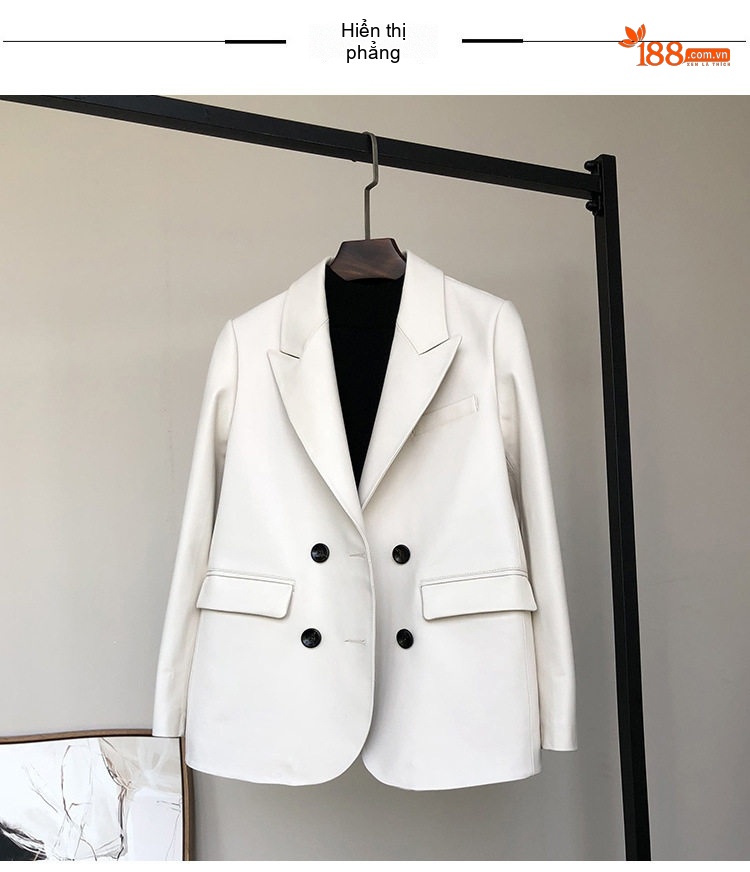 Áo Khoác Blazer Nữ Da Cừu Da Thật Thiết Kế Hai Hàng Khuy Màu Trắng, Đen chi tiết 1