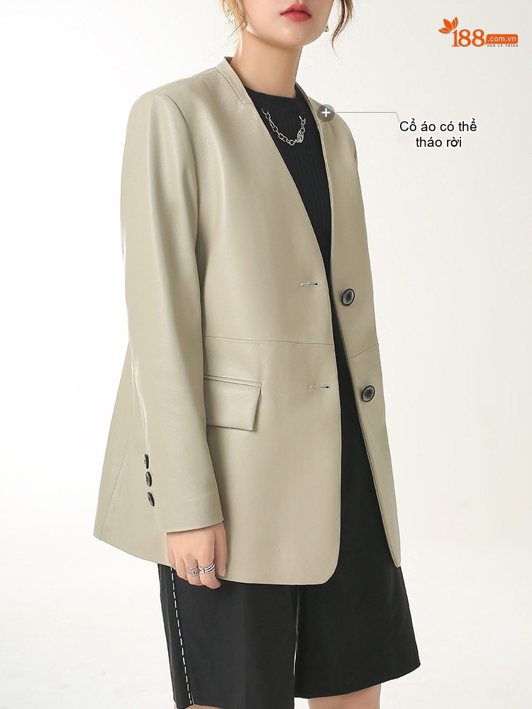 Áo Khoác Blazer Nữ Da Cừu Kiểu Hàn Quốc Màu Kem, Đen chi tiết 1