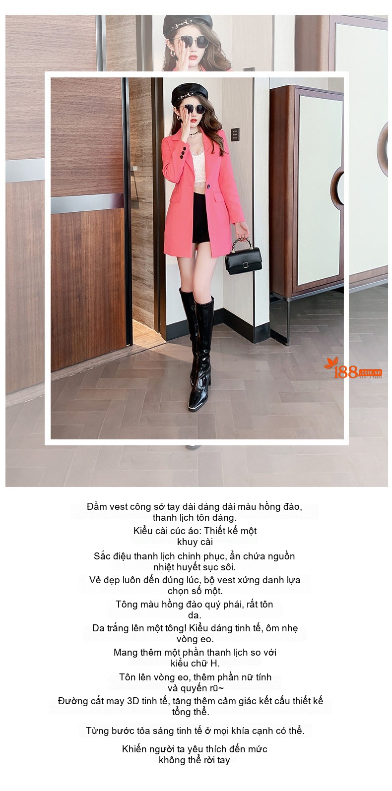 Áo Khoác Blazer Nữ Dáng Dài Màu Hồng Hoa Hồng chi tiết 1