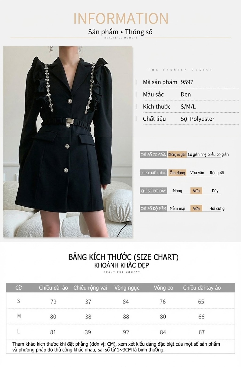 Áo Khoác Blazer Nữ Dáng Váy Chiết Eo Tay Dài Đính Đá Sang Trọng Màu Đen chi tiết 1