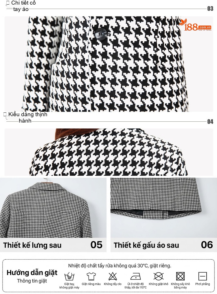Áo Khoác Blazer Nữ Họa Tiết Răng Sói Dáng Ôm Thời Trang Xuân Đông Màu Đen Trắng chi tiết 7