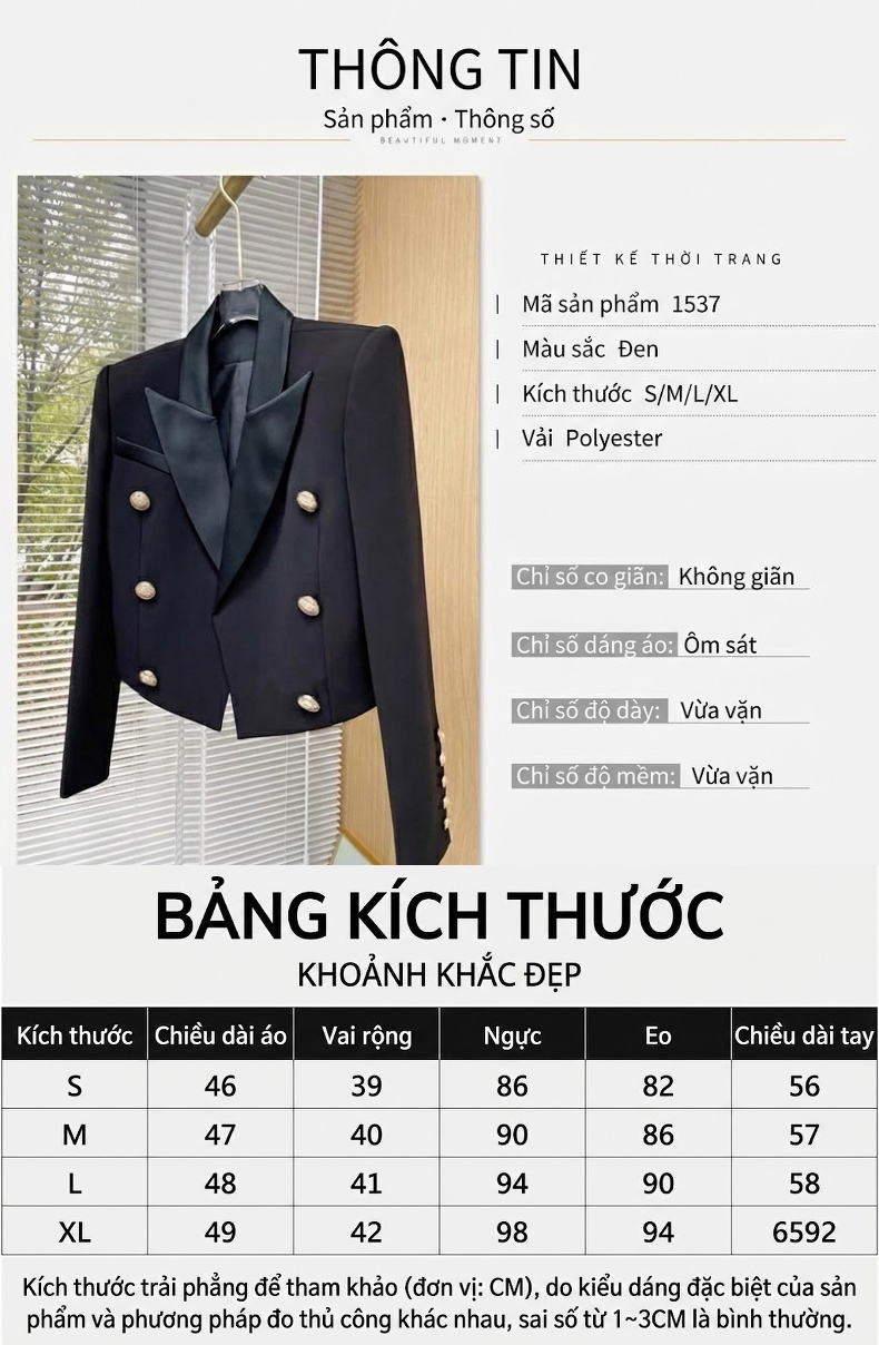 Áo Khoác Blazer Nữ Ngắn Tay Dáng Ôm Cổ chữ Ve Áo Hai Hàng Cúc Màu Đen chi tiết 1