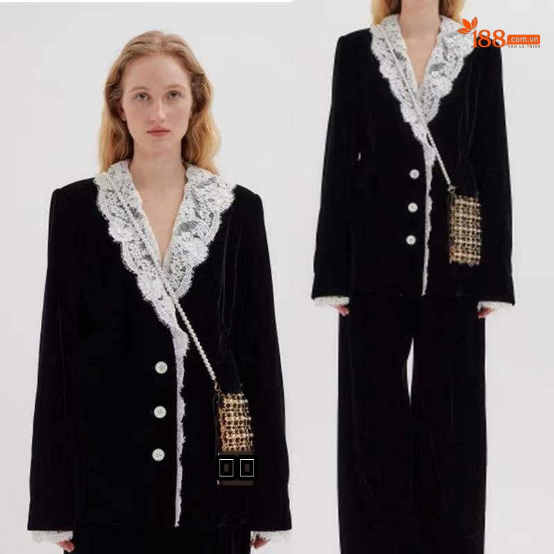 Áo Khoác Blazer Nữ Nhung Tăm Cổ Ren Phong Cách Hàn Quốc Màu Đen, Trắng chi tiết 4