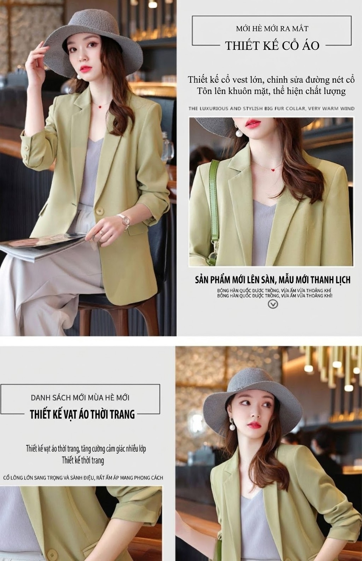 Áo Khoác Blazer Nữ Phong Cách Hàn Quốc Thiết Kế Thanh Lịch Màu Xanh Lá, Hồng, Đen, Kem chi tiết 6
