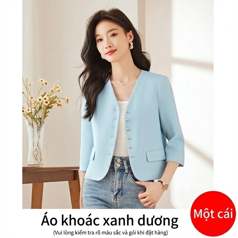 Áo Khoác Blazer Nữ Tay Lỡ Dáng Ngắn Không Cổ Phong Cách Tiểu Thư Màu Kem, Hồng, Xanh Dương