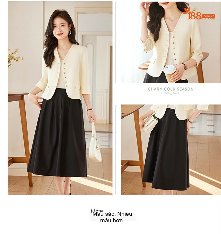 Áo Khoác Blazer Nữ Tay Lỡ Dáng Ngắn Không Cổ Phong Cách Tiểu Thư Màu Kem, Hồng, Xanh Dương chi tiết 7