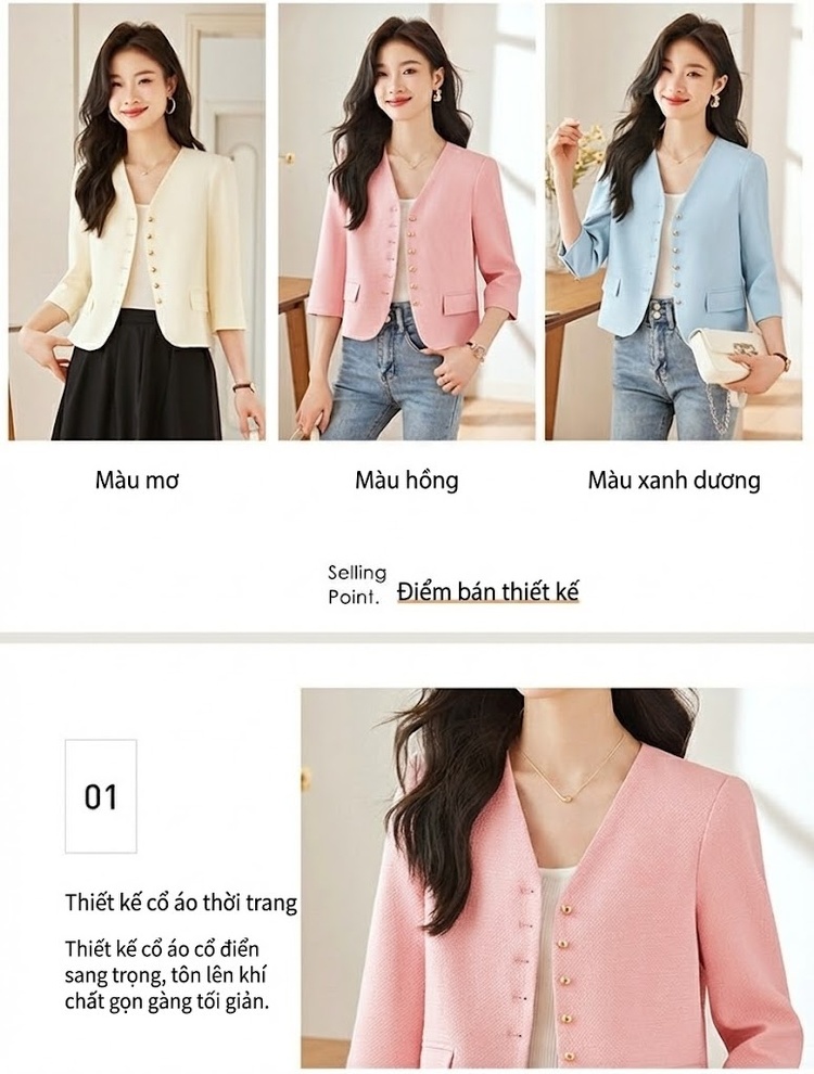 Áo Khoác Blazer Nữ Tay Lỡ Dáng Ngắn Không Cổ Phong Cách Tiểu Thư Màu Kem, Hồng, Xanh Dương chi tiết 8