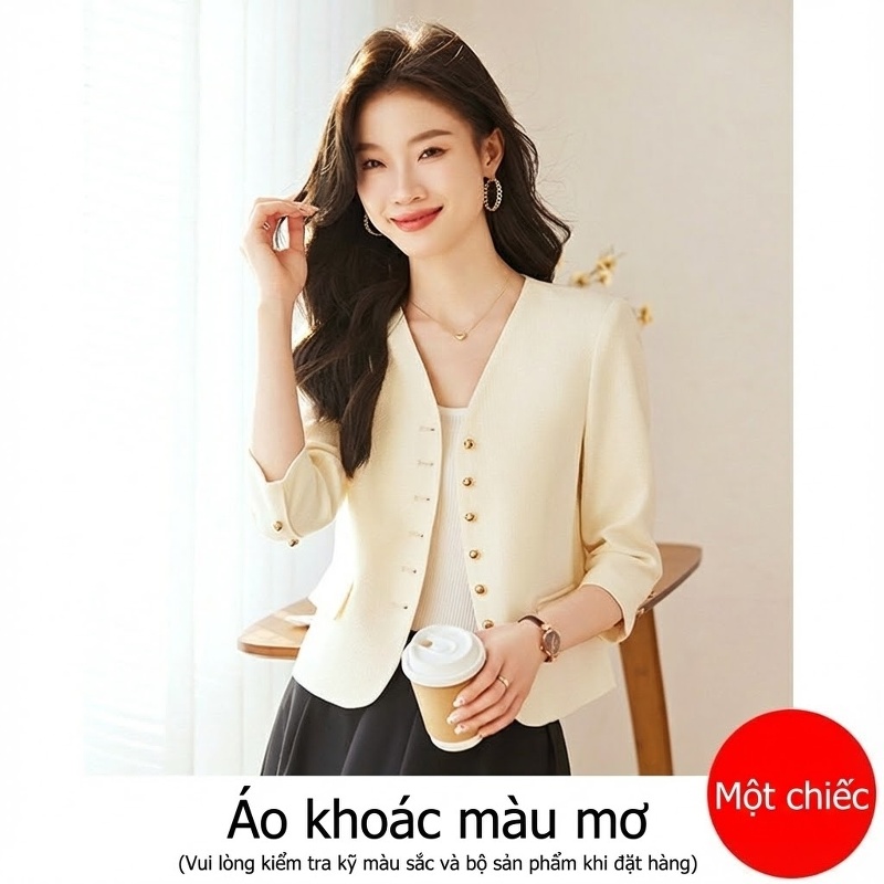 Áo Khoác Blazer Nữ Tay Lỡ Dáng Ngắn Không Cổ Phong Cách Tiểu Thư Màu Kem, Hồng, Xanh Dương