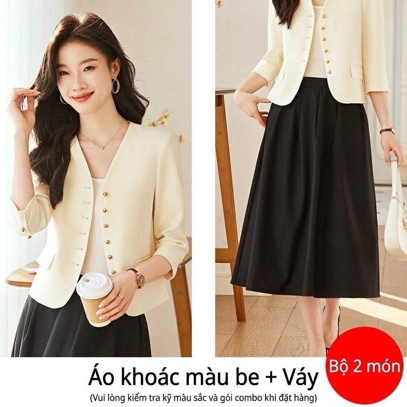 Áo Khoác Blazer Nữ Tay Lỡ Dáng Ngắn Không Cổ Phong Cách Tiểu Thư Màu Kem, Hồng, Xanh Dương
