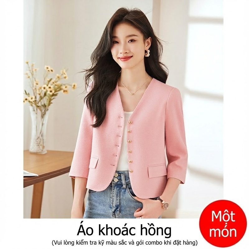 Áo Khoác Blazer Nữ Tay Lỡ Dáng Ngắn Không Cổ Phong Cách Tiểu Thư Màu Kem, Hồng, Xanh Dương