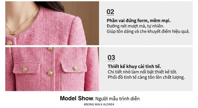 Áo Khoác Blazer Nữ Tay Lỡ Dáng Ngắn Không Cổ Phong Cách Tiểu Thư Màu Kem, Hồng, Xanh Dương chi tiết 9