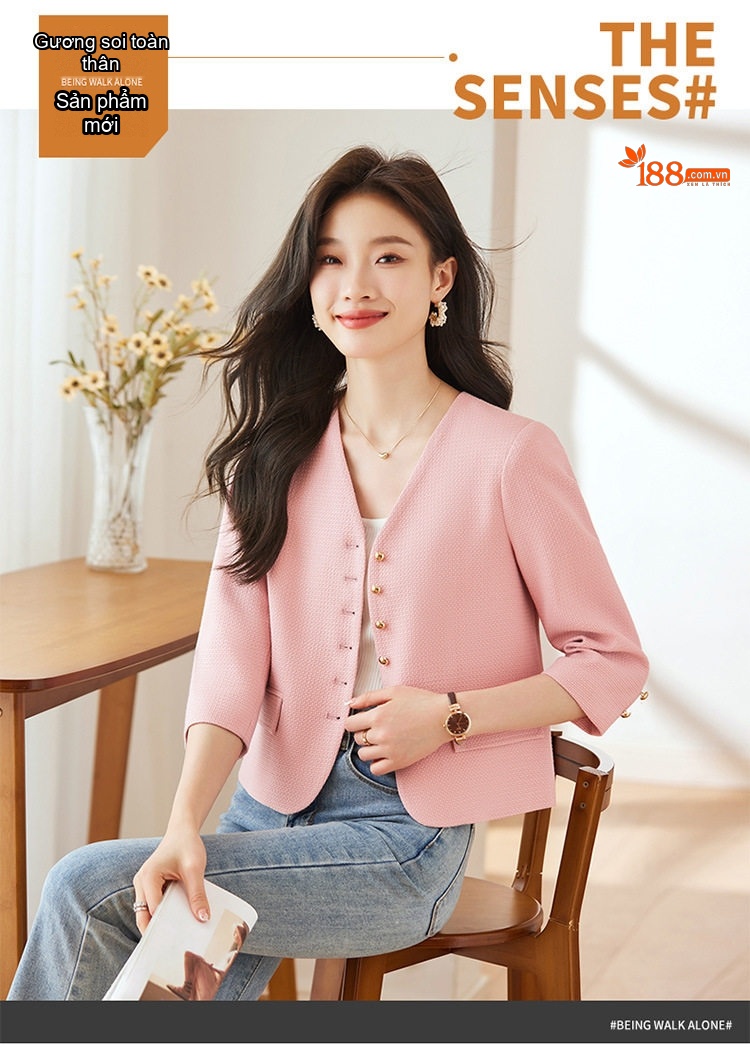 Áo Khoác Blazer Nữ Tay Lỡ Dáng Ngắn Không Cổ Phong Cách Tiểu Thư Màu Kem, Hồng, Xanh Dương chi tiết 2