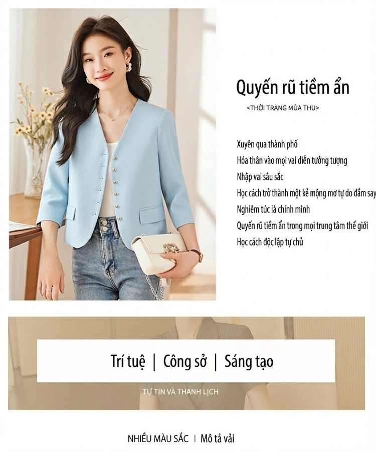 Áo Khoác Blazer Nữ Tay Lỡ Dáng Ngắn Không Cổ Phong Cách Tiểu Thư Màu Kem, Hồng, Xanh Dương chi tiết 3