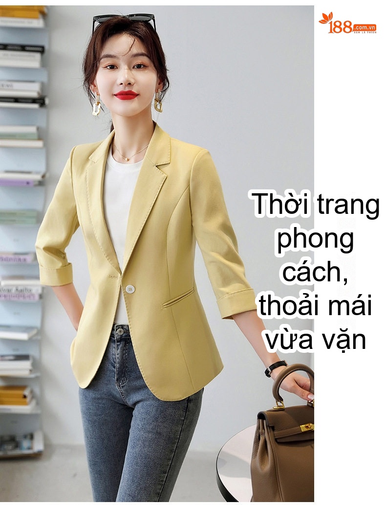 Áo Khoác Blazer Nữ Tay Lỡ Dáng Ngắn Phong Cách Hàn Quốc Màu Trắng, Vàng chi tiết 12