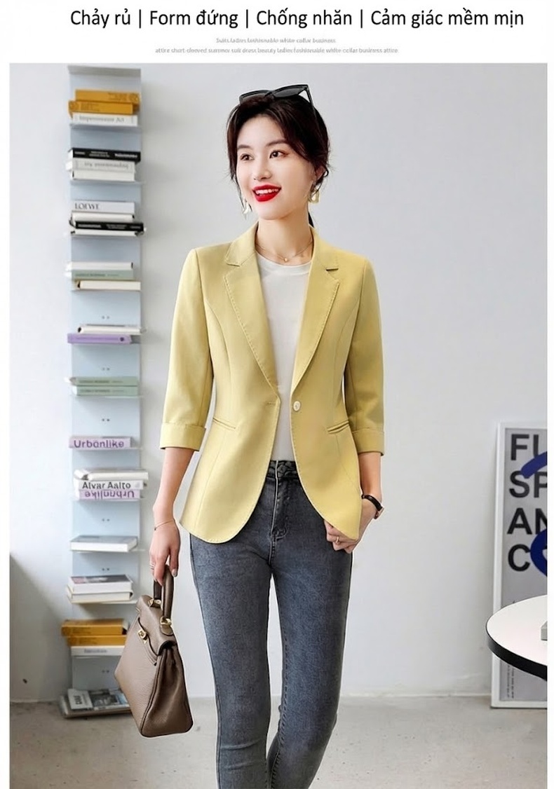 Áo Khoác Blazer Nữ Tay Lỡ Dáng Ngắn Phong Cách Hàn Quốc Màu Trắng, Vàng chi tiết 14