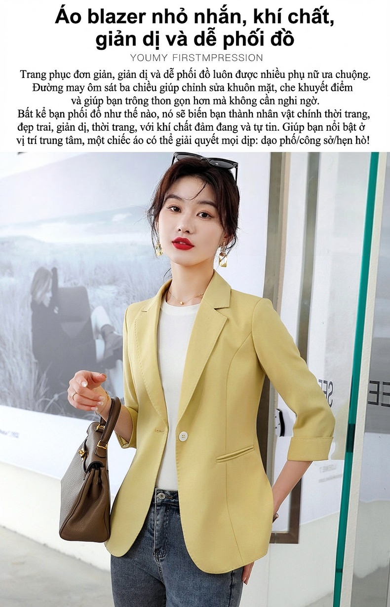 Áo Khoác Blazer Nữ Tay Lỡ Dáng Ngắn Phong Cách Hàn Quốc Màu Trắng, Vàng chi tiết 1